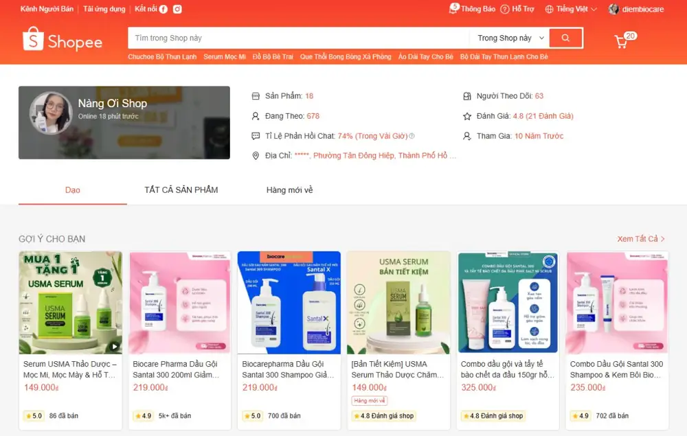 Trang shop Diễm BioCare trên Shopee với các sản phẩm dầu gội