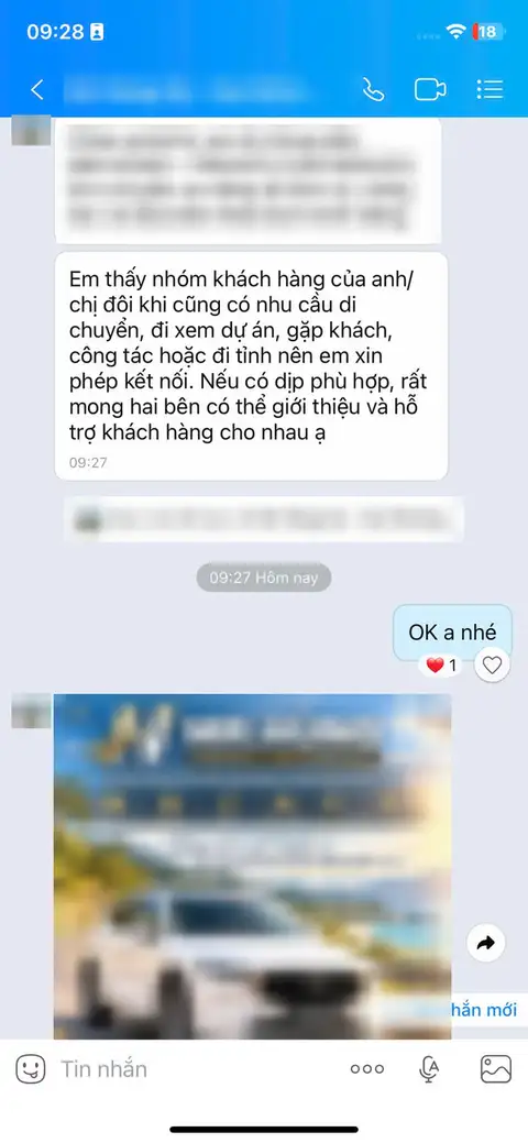 Tin nhắn Zalo đã che thông tin: một đơn vị dịch vụ xe đề nghị hợp tác giới thiệu khách với Nhà Chuẩn