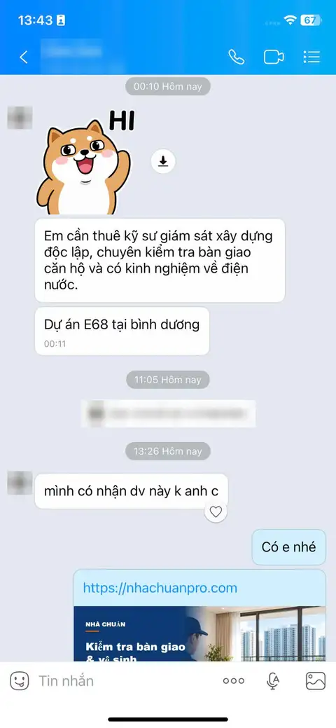 Tin nhắn Zalo đã che thông tin: khách cần kiểm tra bàn giao căn hộ tại dự án E68 Bình Dương