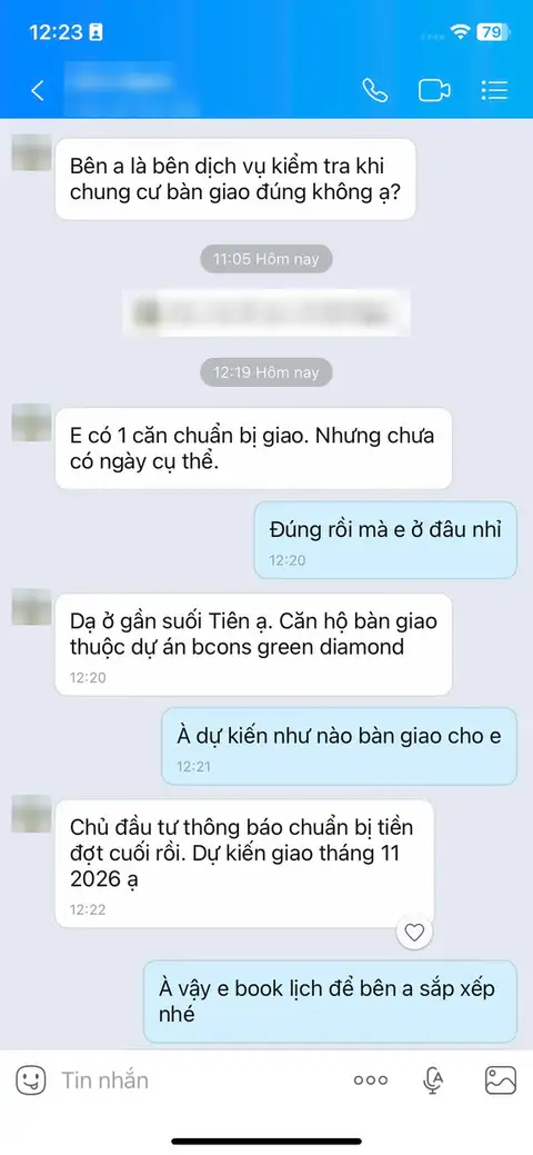 Tin nhắn Zalo đã che thông tin: khách có căn hộ Bcons Green Diamond dự kiến bàn giao tháng 11/2026, được hướng dẫn đặt lịch kiểm tra