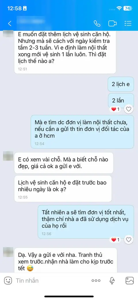 Tin nhắn Zalo đã che thông tin: khách muốn đặt thêm lịch vệ sinh sau khi làm nội thất, Nhà Chuẩn tách thành hai lịch và giới thiệu đối tác nội thất
