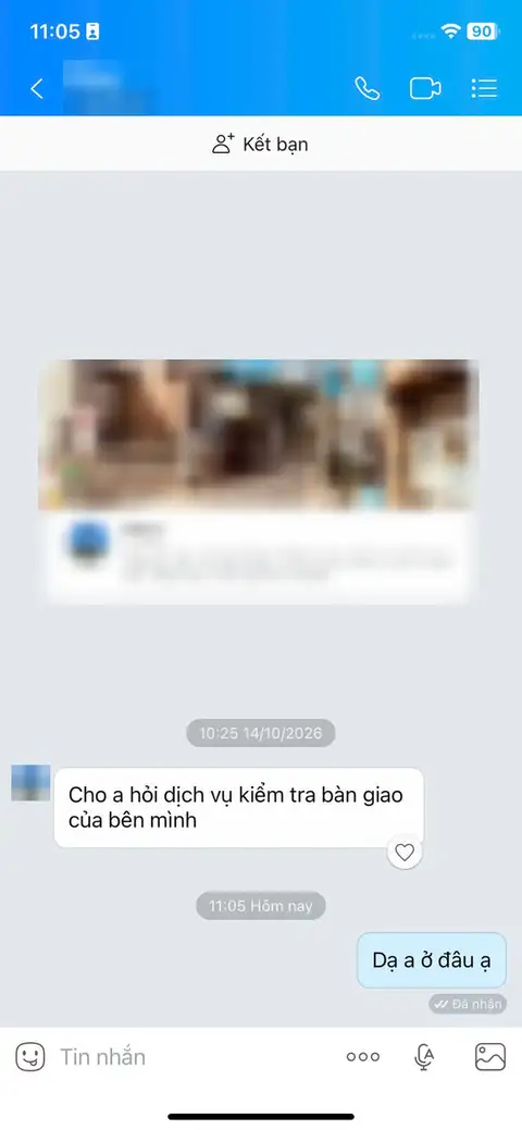 Tin nhắn Zalo đã che thông tin: khách hỏi dịch vụ kiểm tra bàn giao ngày 14/10/2026