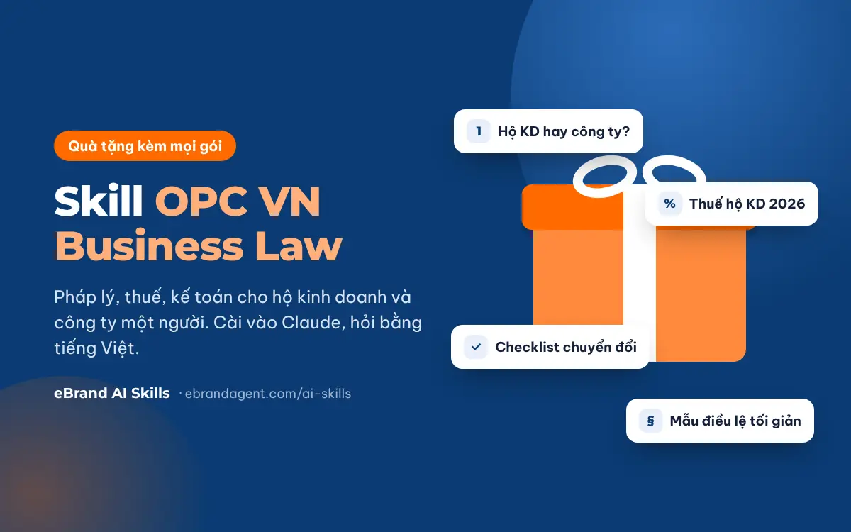 Minh họa: Quà tặng kèm mọi gói eBrand AI Skills: skill OPC VN Business Law cho hộ kinh doanh và công ty một người