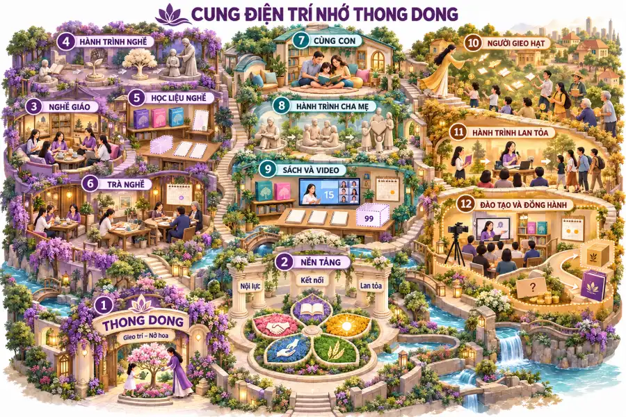 Hình minh họa Cung điện trí nhớ Thong Dong với 12 khu: nền tảng, nghề giáo, cùng con, người gieo hạt và các hành trình